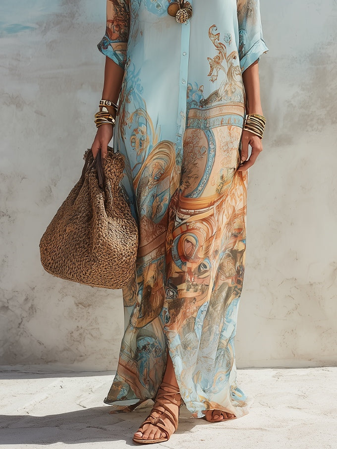 Blue Floral Print Shirt Maxi Dress