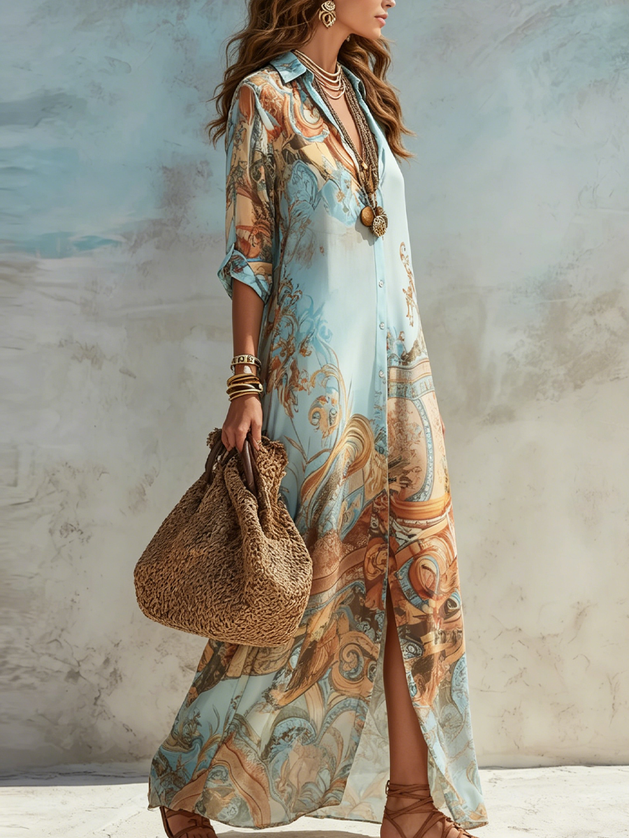 Blue Floral Print Shirt Maxi Dress