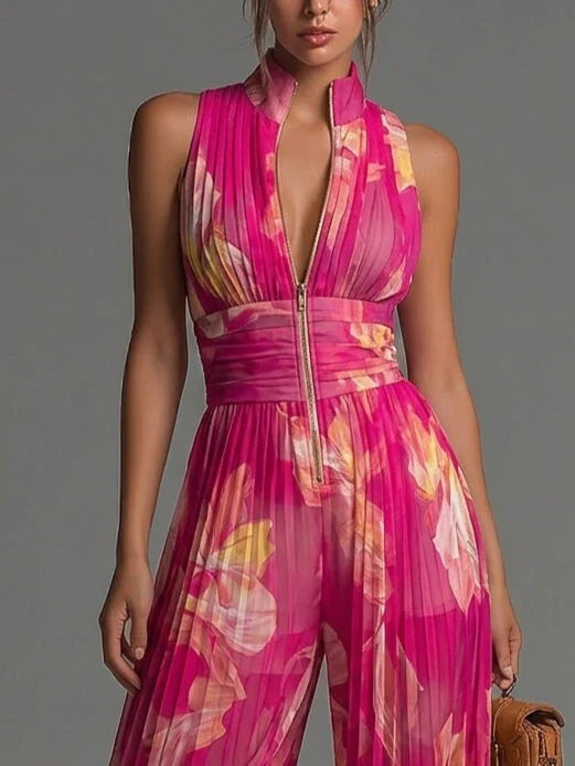Zakira | Plissierter Halter-Neck Weitbeiniger Jumpsuit