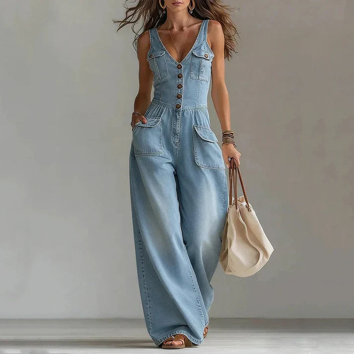 Martina - Sleeveless denim jumpsuit with V-neck
