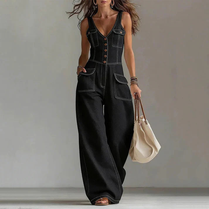 Martina - Sleeveless denim jumpsuit with V-neck